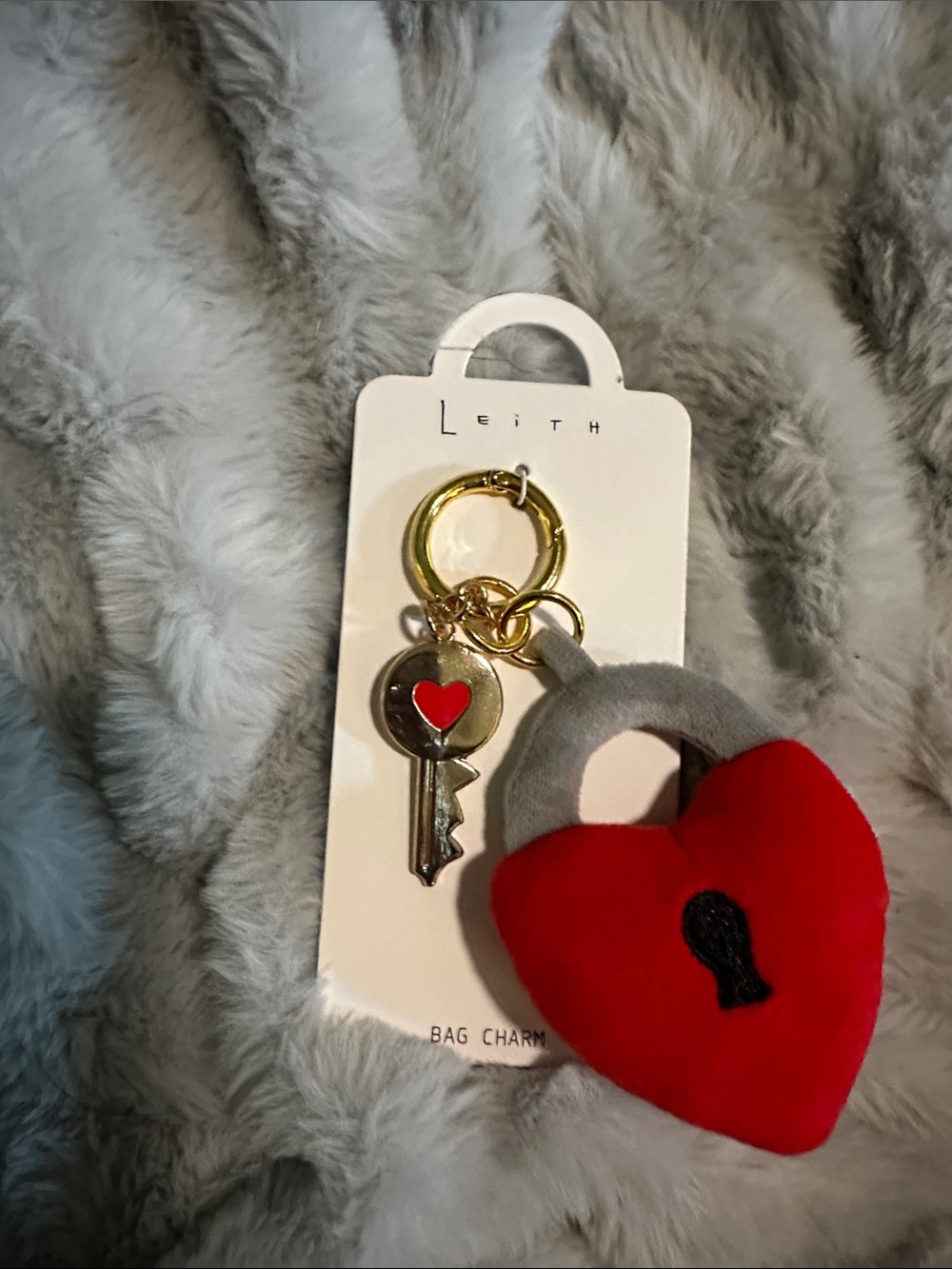 Leith Red Heart Padlock Bag Charm with Gray Ring and Gold Key